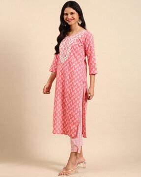 floral pattern straight kurta suit set