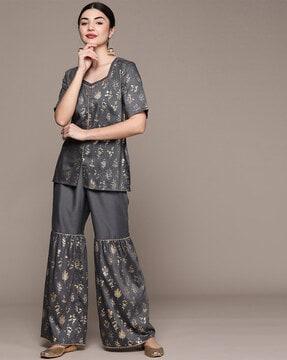 floral pattern straight kurta suit set