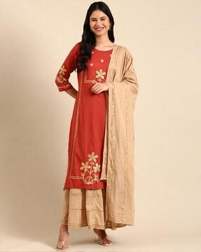 floral pattern straight kurta suit set