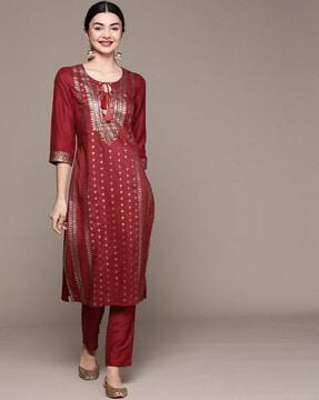 floral pattern straight kurta suit set