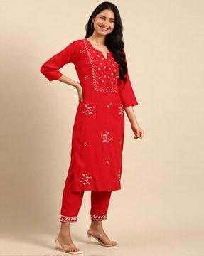 floral pattern straight kurta suit set