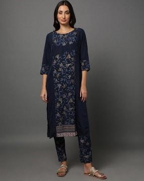 floral pattern straight kurta suit set