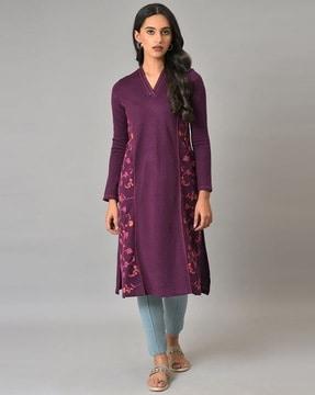 floral pattern v-neck straight kurta