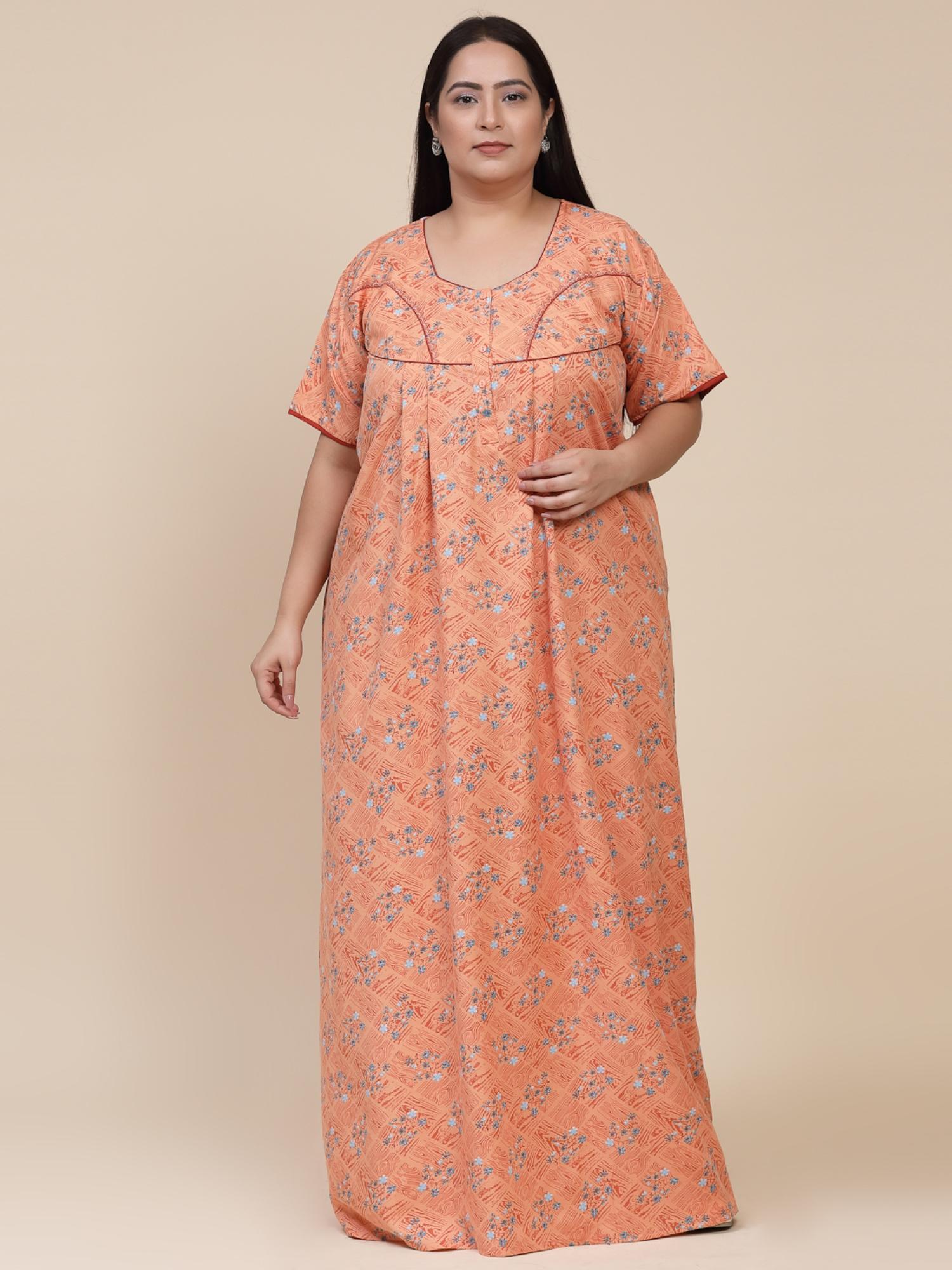 floral pattern womens short sleeves regular length nighty orange