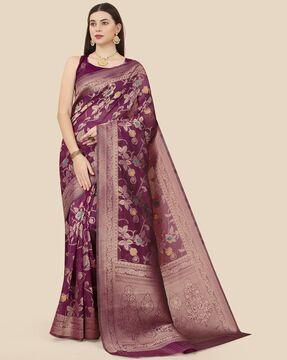 floral pattern woven saree with contrast border