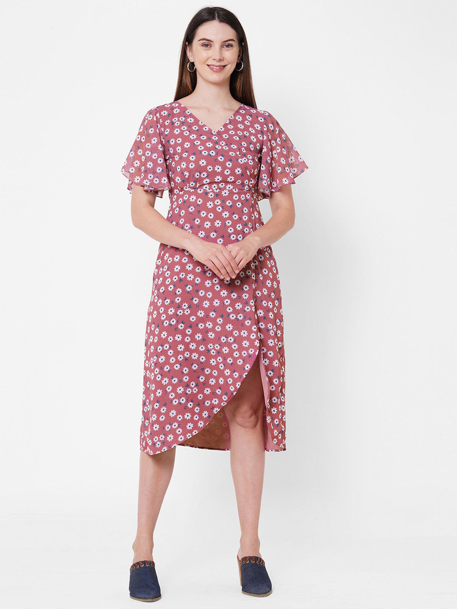 floral peinted wrap style mid length dress at nykaa fashion - your online shopping store