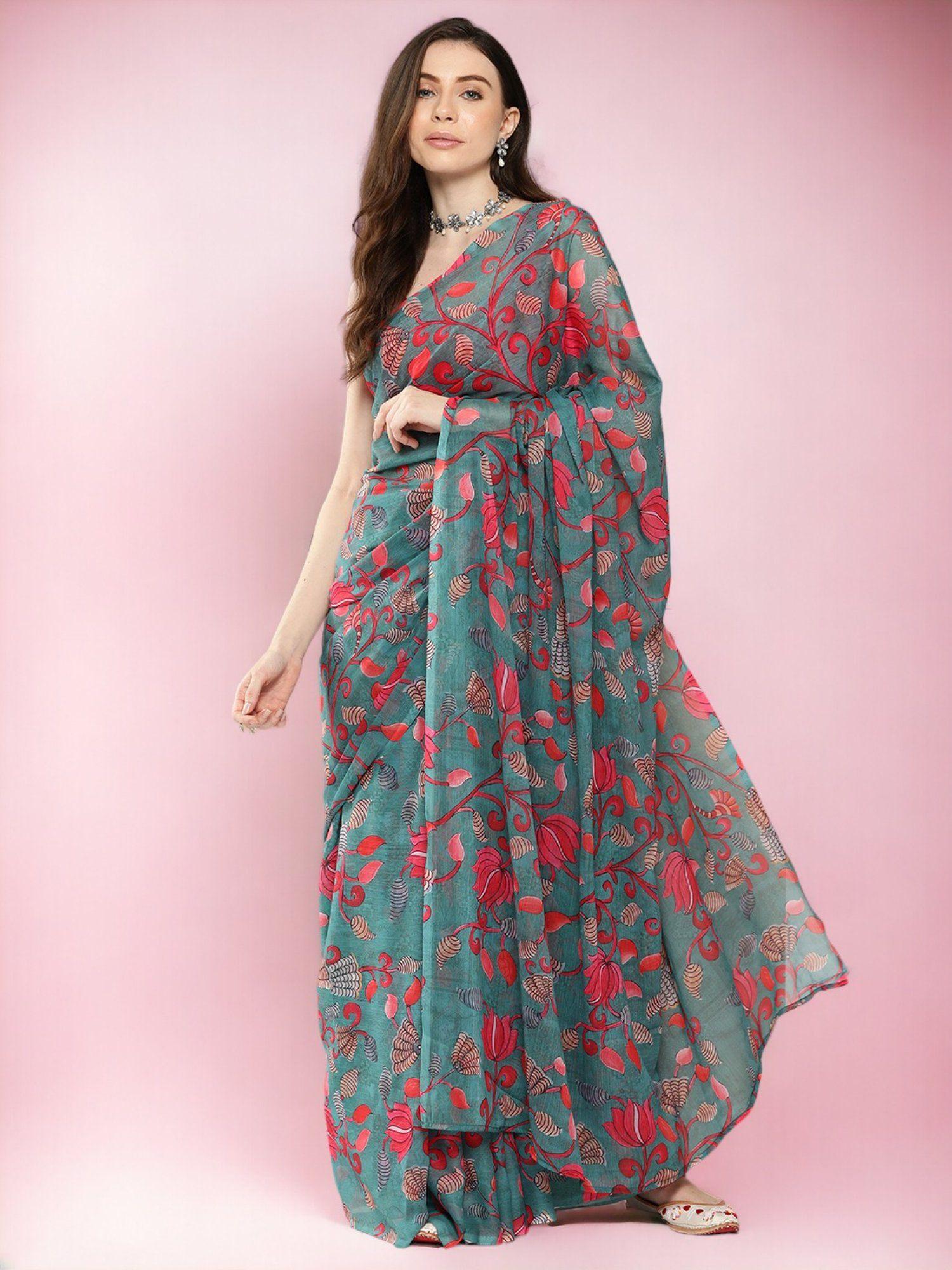 floral poly chiffon saree with unstitched blouse