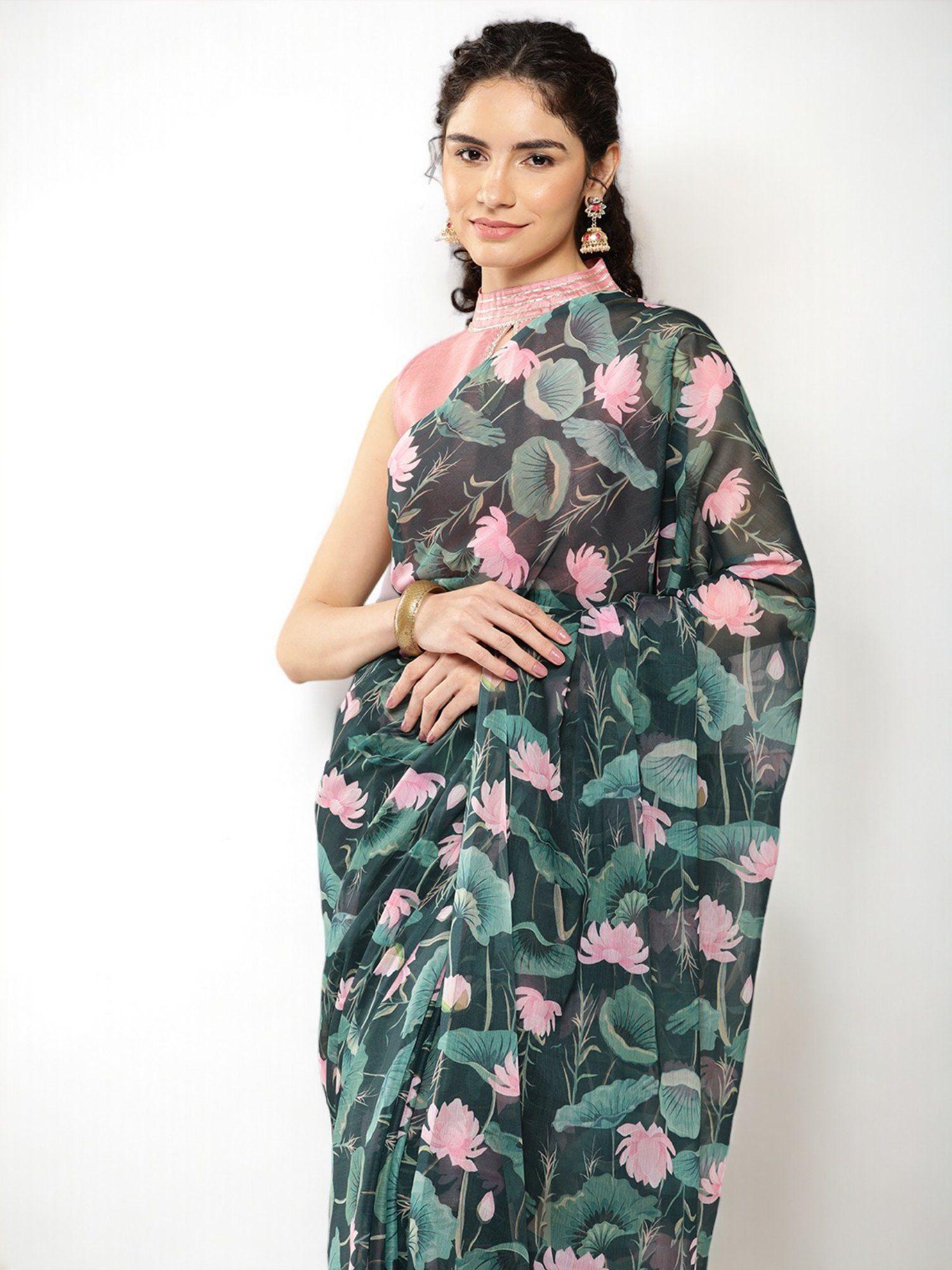 floral poly chiffon saree with unstitched blouse