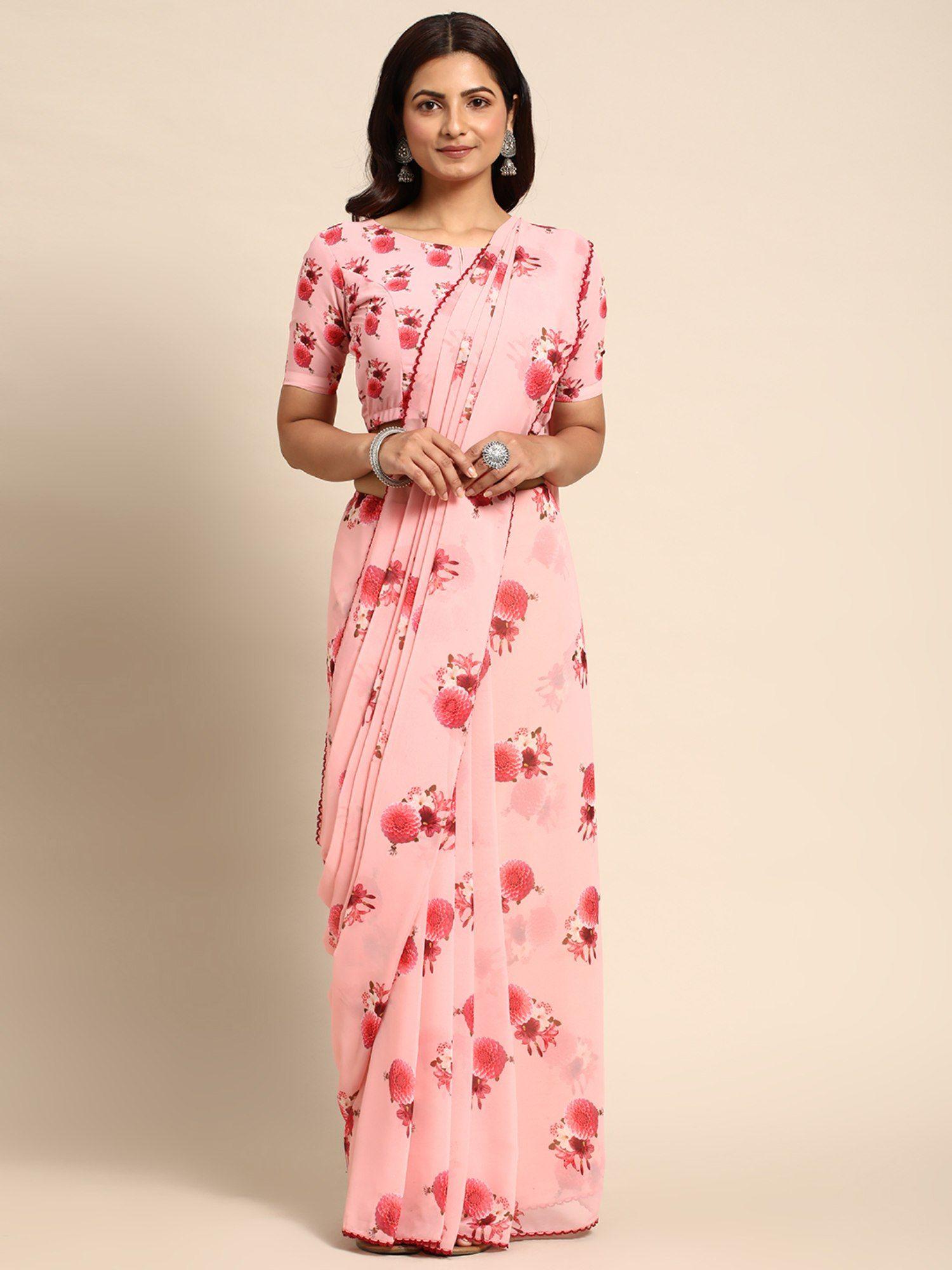 floral poly georgette saree peach with unstitched blouse