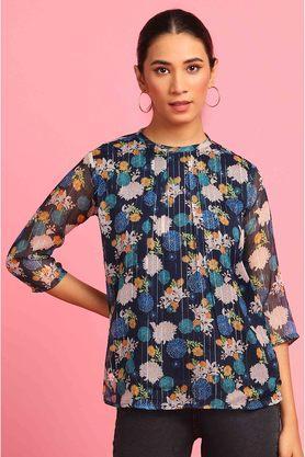 floral polyester blend round neck women's regular fit top - navy