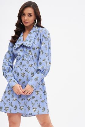 floral polyester collar neck women's mini dress - blue