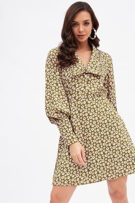 floral polyester collar neck women's mini dress - olive