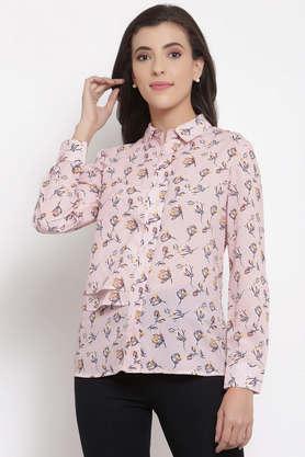 floral polyester collar neck women's shirt - pink