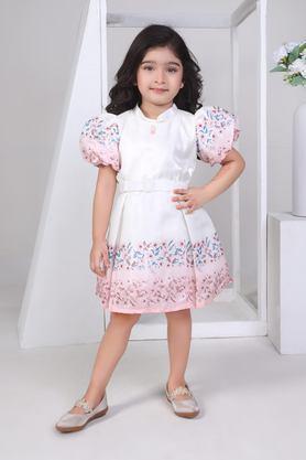 floral polyester collared girls party wear dress with belt - cream