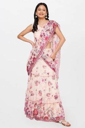 floral polyester flared fit women's casual saree - peach