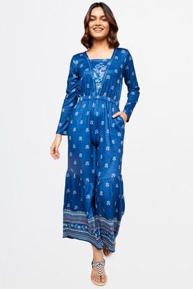 floral polyester flared fit women's regular jumpsuit - indigo