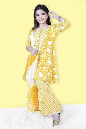 floral polyester full length girls kurta with sharara & dupatta - yellow