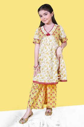 floral polyester full length girls kurta with sharara - yellow