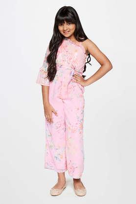 floral polyester girl's party wear jumpsuit - pale pink