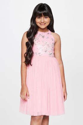 floral polyester halter neck girl's party wear dress - pale pink