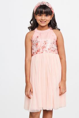 floral polyester halter neck girls dress - pink