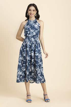 floral polyester halter neck women's casual gown - blue