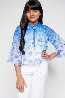 floral polyester keyhole neck girls top - multi