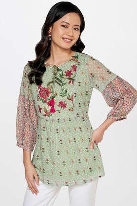 floral polyester mandarin women's casual wear top - mint