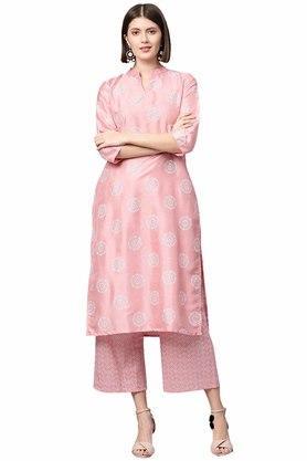 floral polyester mandarin womens kurta palazzo set - pink