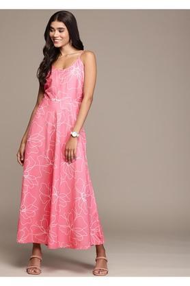 floral polyester off shoulder womens maxi dress - pink