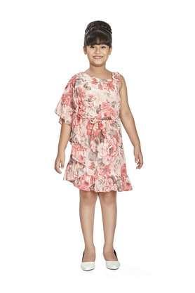 floral polyester one shoulder girls party wear dress - peach