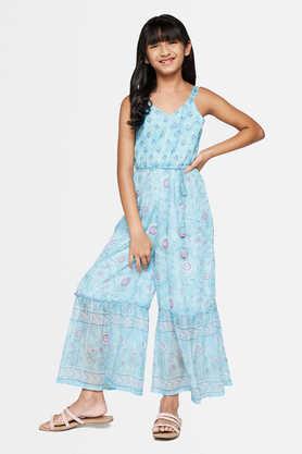 floral polyester regular fit girls jumpsuit - aqua