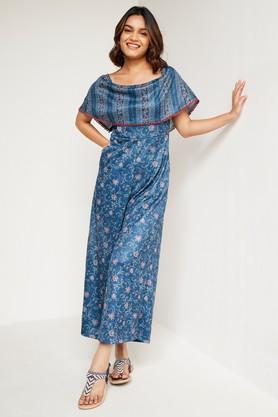 floral polyester regular fit women's jumpsuit - blue