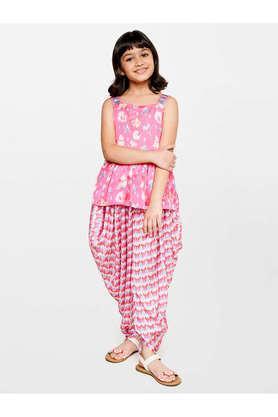 floral polyester relaxed fit girls kurta set - pink