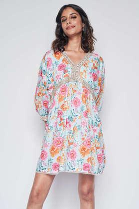 floral polyester relaxed fit women's knee length dress - mint