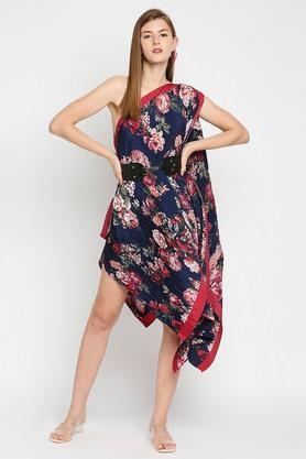 floral polyester relaxed fit womens midi dress - blue