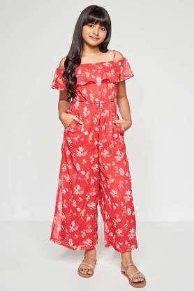 floral polyester round neck girl's casual wear jumpsuit - red mix