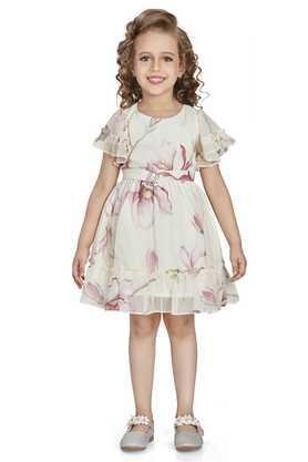floral polyester round neck girl's dress - cream