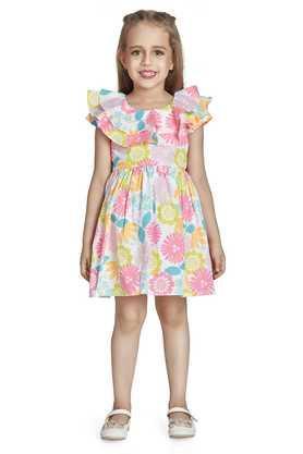 floral polyester round neck girl's dress - multi