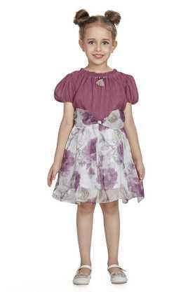floral polyester round neck girl's dress - purple