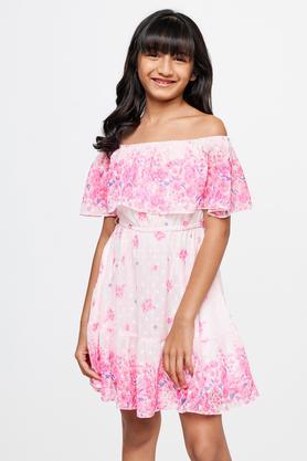 floral polyester round neck girls casual wear dress - pink