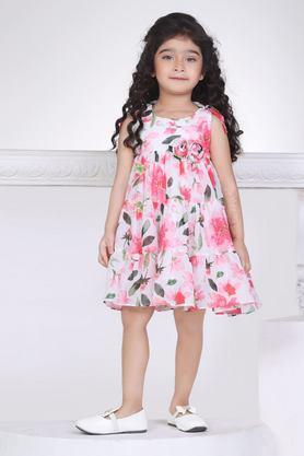 floral polyester round neck girls casual wear dress - pink