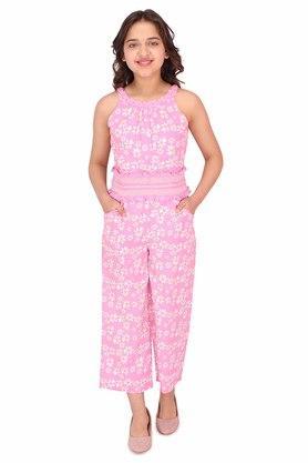 floral polyester round neck girls casual wear jumpsuits - pink