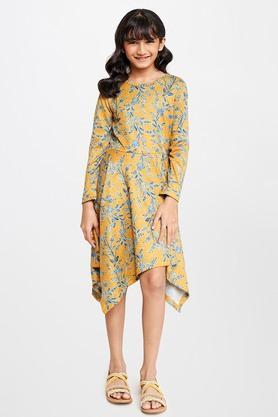 floral polyester round neck girls dress - mustard