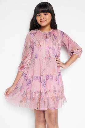 floral polyester round neck girls dress - rose