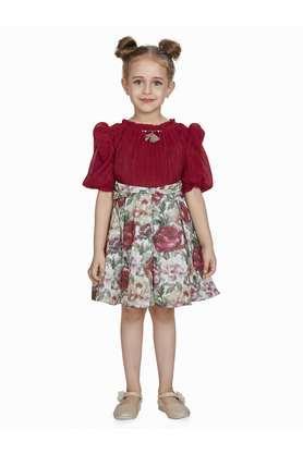 floral polyester round neck girls party wear dress - maroon