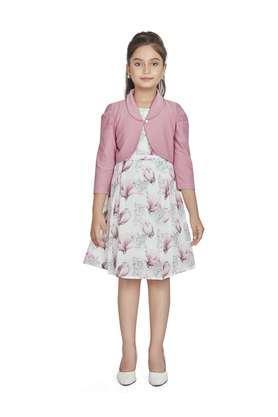 floral polyester round neck girls party wear dress - pink