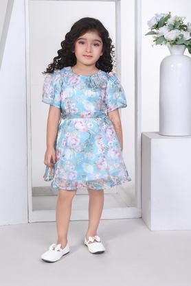 floral polyester round neck girls party wear dress with belt - sky blue