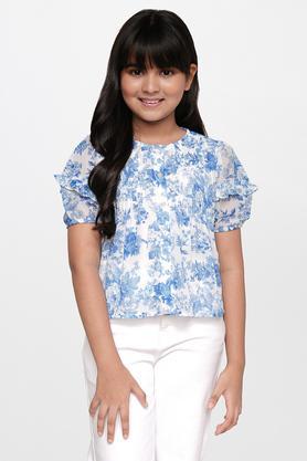 floral polyester round neck girls top - light blue