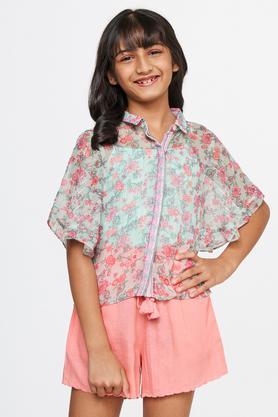 floral polyester round neck girls top - mint